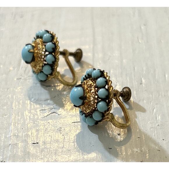 Vintage 1920s Czech Czecho Gold Tone Filigree Blue Beaded Screw Back Earrings - Picture 2 of 5